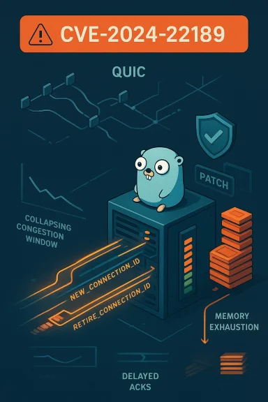 Cartoon gopher on a server depicts CVE-2024-22189 QUIC vulnerability.
