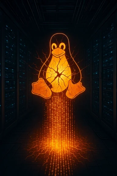 An orange glowing Tux penguin cracks open, with binary rain pouring in a dark server room.