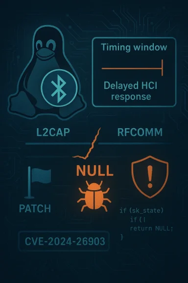 Tech poster detailing a Bluetooth security flaw (CVE-2024-26903) with delayed HCI response.
