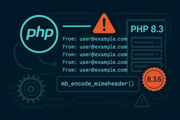 PHP 8.3 illustration with mb_encode_mimeheader() and repeated From: emails, plus a warning icon.