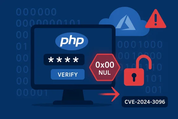 PHP login screen showing a 0x00 NUL vulnerability, CVE-2024-3096.
