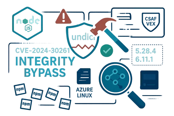 Cybersecurity illustration of undici CVE-2024-30261 and integrity bypass.