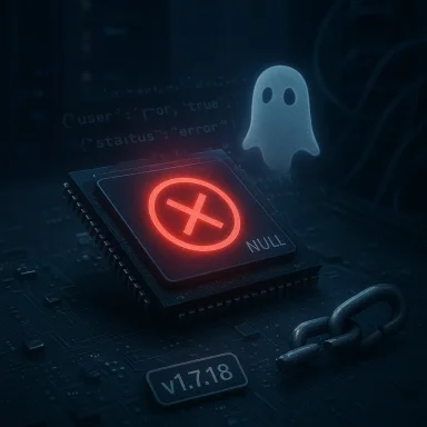 A chip with a red X over NULL; a ghost and broken chain suggest malware and cybersecurity risk.