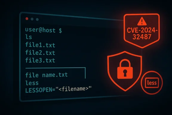 Terminal shows file list and security icons highlighting a CVE-2024-32487 vulnerability.