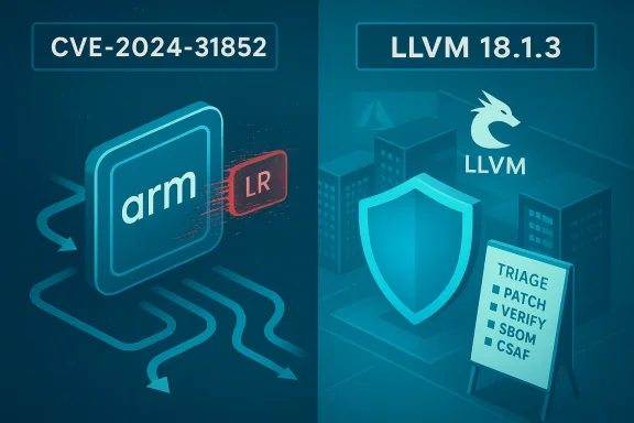 Illustration showing ARM LR CVE-2024-31852 on left and LLVM 18.1.3 with triage checklist on right.
