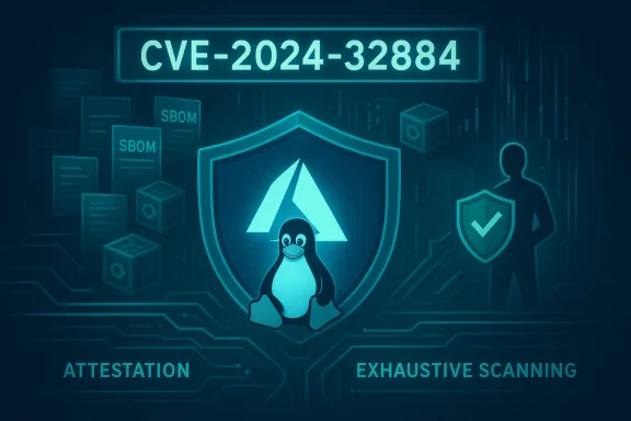 CVE-2024-32884 depicted in a cyber-security scene with a shield, Linux penguin, and attestation with exhaustive scanning.