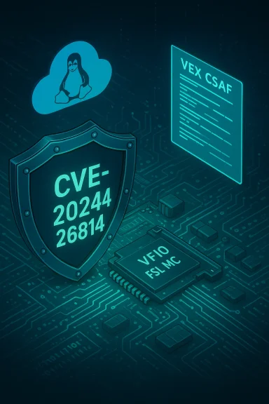 Cybersecurity illustration showing CVE-2024-26814 on a shield, with Linux cloud and a VEX CSAF document.