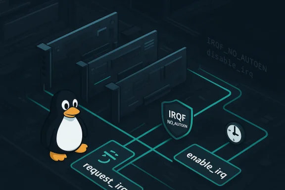 Linux penguin navigates a dark circuit, illustrating IRQ enable/disable and IRQF_NO_AUTOEN.
