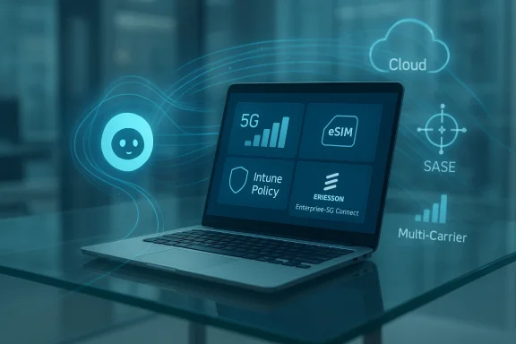 Laptop displays 5G, eSIM, and Intune Policy tiles amid cloud networking visuals. Laptop displays 5G, eSIM, and Intune Policy tiles amid cloud networking visuals.