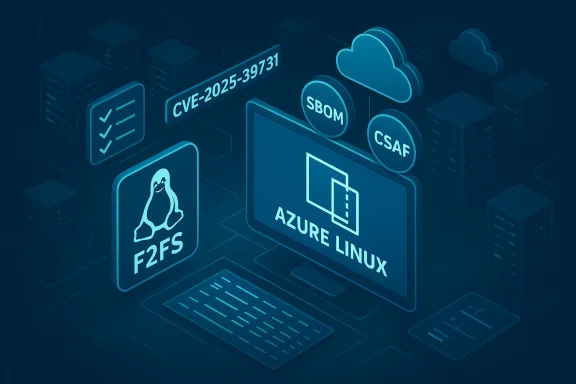 Isometric Azure Linux setup with cloud icons, SBOM/CSAF/CVE tags, and F2FS penguin logo.