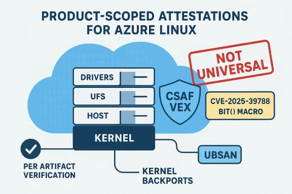 Cloud-based diagram of product-scoped attestations for Azure Linux, detailing kernel, drivers, UFS, host, and backports.