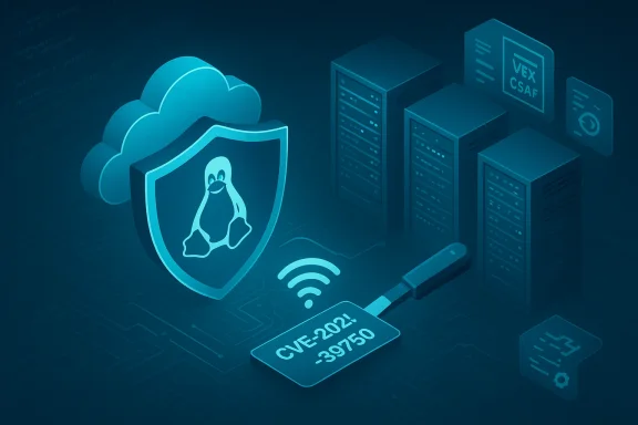 Linux penguin shield guards cloud servers from CVE-2021-39750 vulnerability.