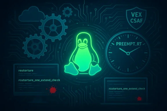 Glowing Linux penguin sits at the center of a circuit-themed scene with gears and a PREEMPT_RT clock.