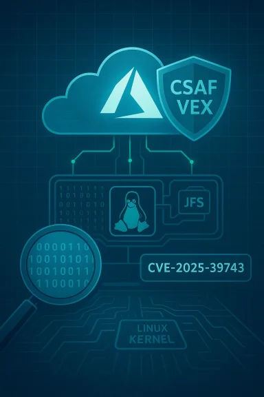 Blue cybersecurity illustration featuring cloud, Linux kernel, CVE-2025-39743, and CSAF VEX.
