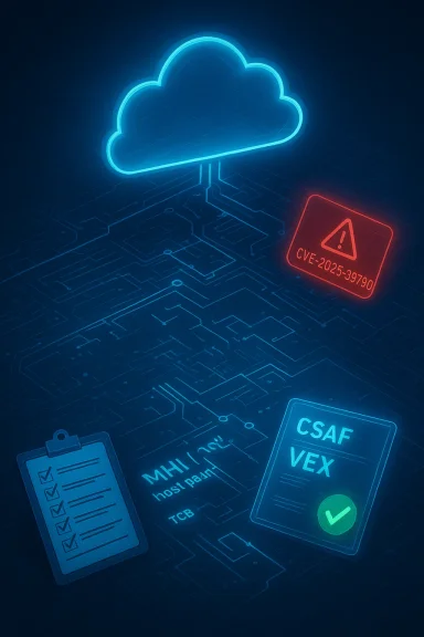 Neon blue cloud hovering over circuitry with a red CVE-2025-39790 alert and CSAF VEX checklists.