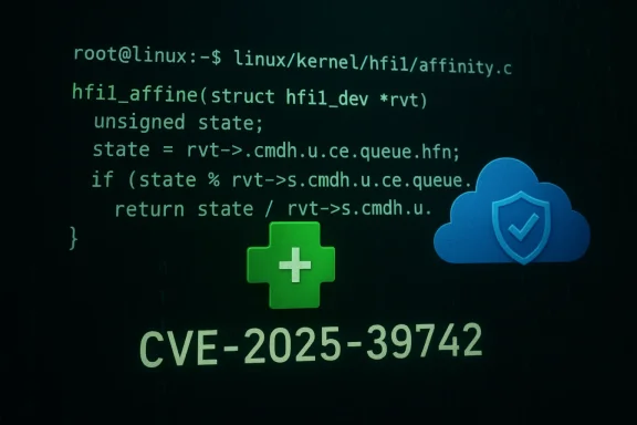 Linux kernel code snippet with a CVE-2025-39742 vulnerability, shown beside cloud security icon.