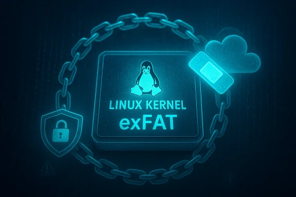 Blue neon image depicting Linux Kernel exFAT secured by chains and a padlock.