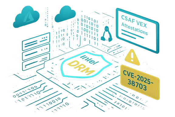 Neon DRM shield glows among cybersecurity icons and a CVE warning badge.