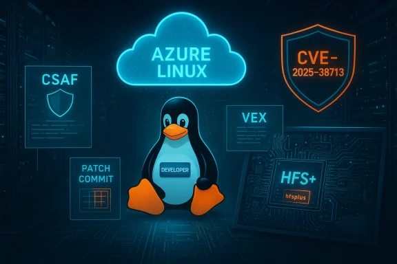 Neon blue cloud Linux scene featuring Tux the penguin amid panels labeled CVE, VEX, patch commit.