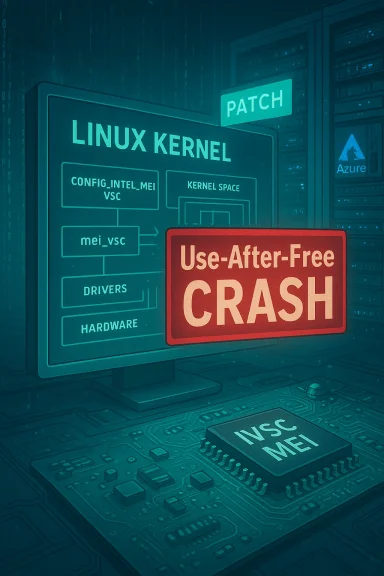 Linux kernel diagram on a circuit board with a Use-After-Free crash warning.