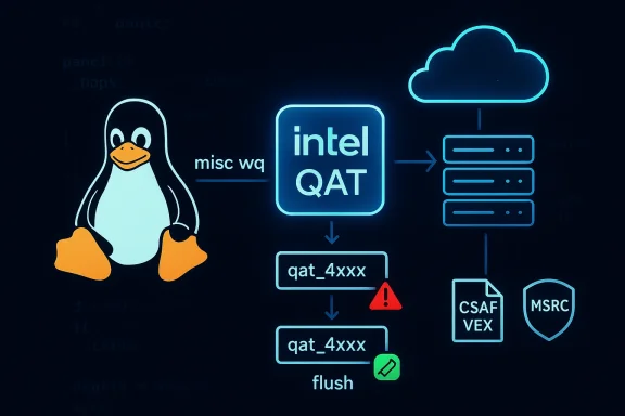 A neon diagram showing Linux’s Tux using Intel QAT acceleration to route data to cloud servers.