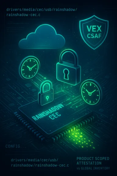 Neon cyber-security illustration featuring a cloud, padlocks, clocks, and a Rainshadow CEC chip.