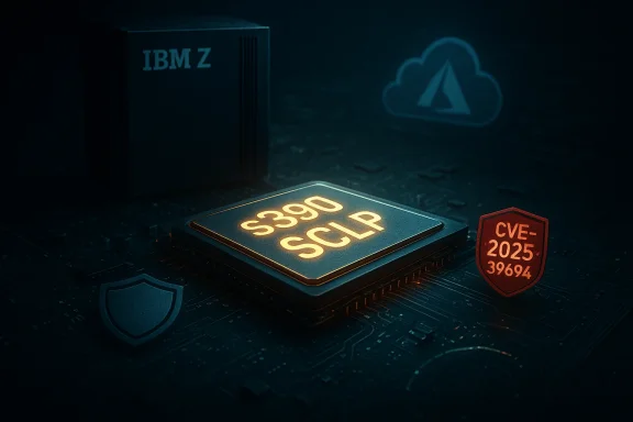 IBM Z processor S390 SCLP glows on a circuit-board with security shields and a CVE badge.