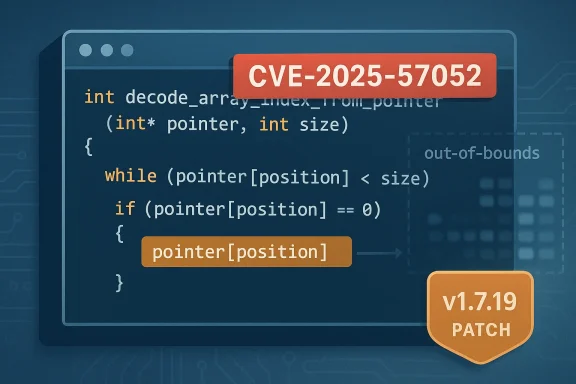 Code illustration of CVE-2025-57052 vulnerability with patch v1.7.19.