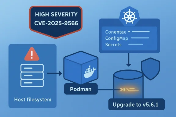 High-severity CVE-2025-9566 risks host filesystem via Podman; exposes ConfigMaps/Secrets; upgrade to v5.6.1.