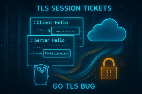 Neon TLS diagram showing ClientHello/ServerHello exchanging session tickets with cloud and padlock.