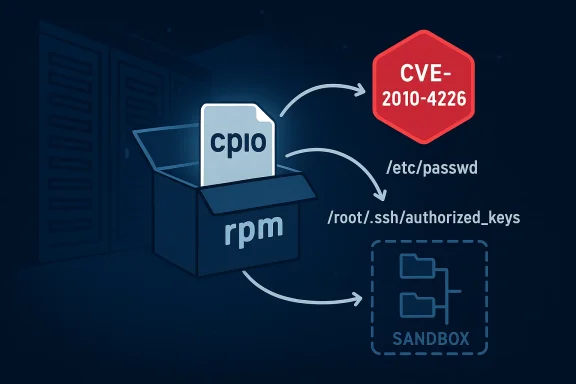 Diagram shows cpio and rpm packaging feeding CVE-2010-4226, exposing /etc/passwd and root/.ssh/authorized_keys.