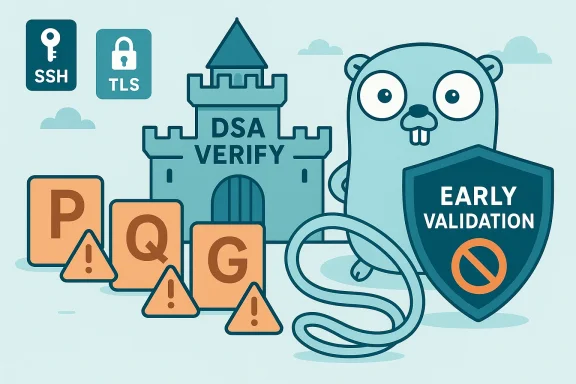 Cartoon castle marked “DSA VERIFY” guards early validation against PQG warnings, with SSH/TLS icons.
