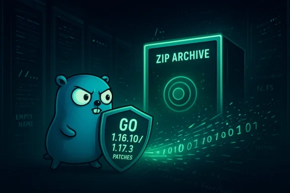A blue cartoon creature guards a ZIP archive with a GO patches shield.