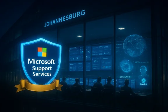 A glowing Microsoft Support Services shield in front of a Johannesburg tech command center with holographic screens.