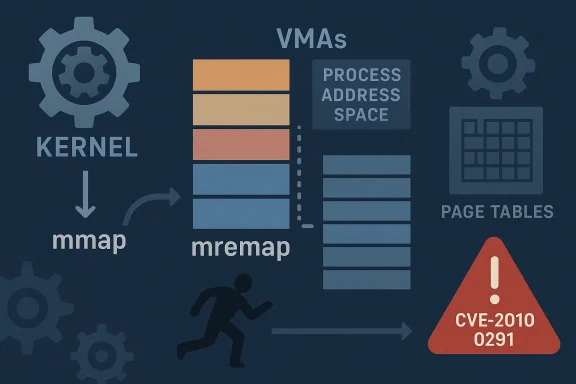 Diagram of kernel memory management and VMAs with a CVE-2010-0291 warning.