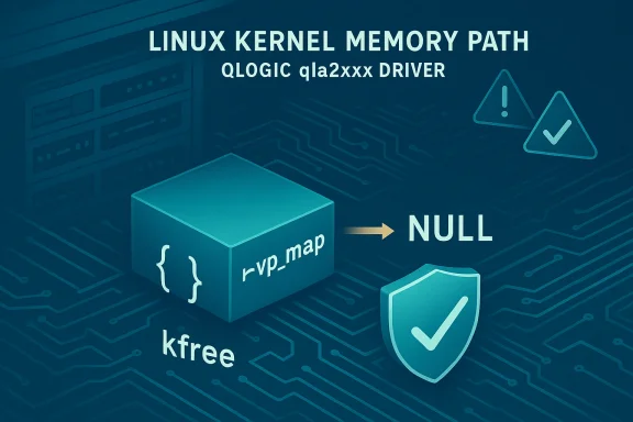 Linux kernel memory path diagram showing rvp_map, kfree, and a NULL pointer with a shield.