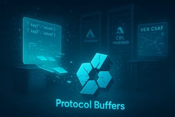 Blue-hued data center scene illustrating code, servers, and Protocol Buffers.