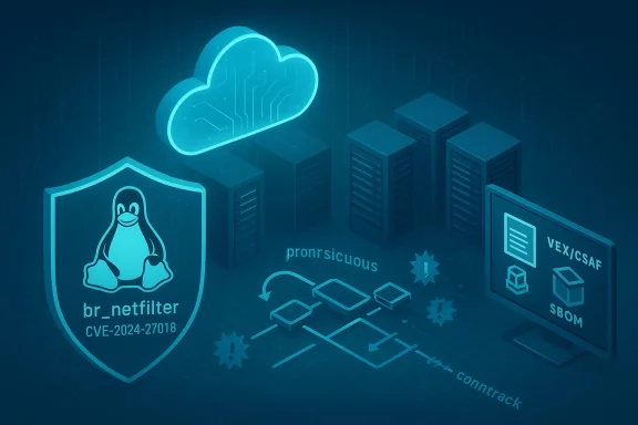 Cybersecurity diagram showing cloud, data servers, and a Linux shield labeled CVE-2024-27018.