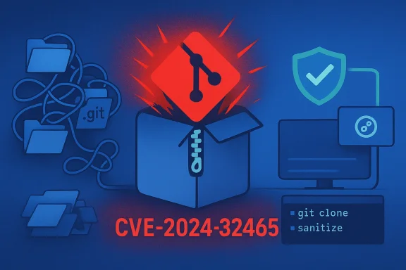 Illustration of CVE-2024-32465 vulnerability in Git workflows, including clone and sanitize.