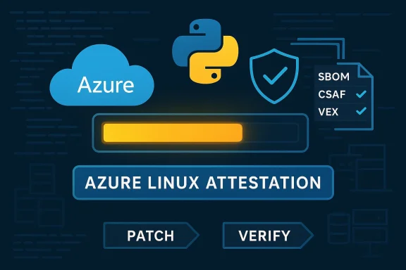 Azure Linux Attestation dashboard with cloud icon, Python logo, security checks, and Patch/Verify options.