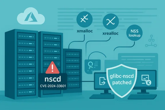 Data center illustration showing patched glibc-nscd against CVE-2024-33601.