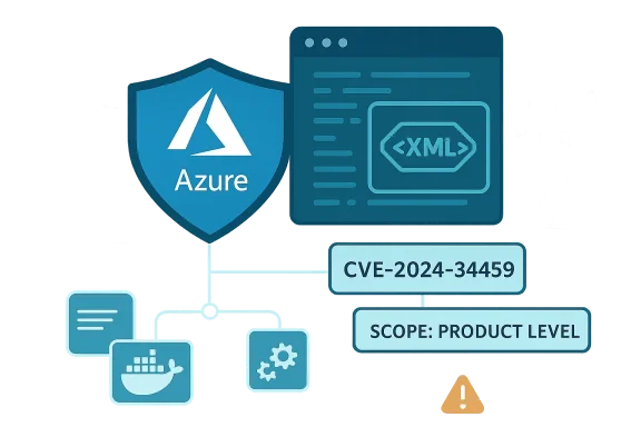Azure security shield with XML graphic highlights CVE-2024-34459 at product level.