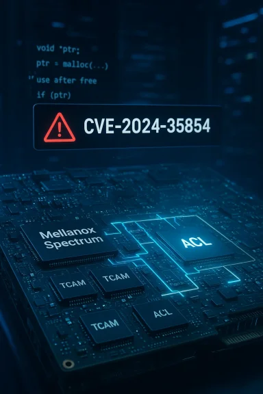 Blue-tinted close-up of a circuit board with a CVE-2024-35854 warning label.