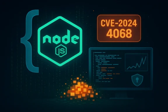 Node.js logo with CVE-2024-4068 vulnerability alert and code on screen.