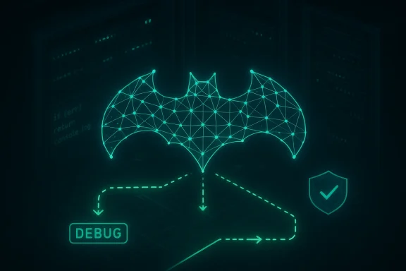 A neon bat-shaped network diagram hovers over server racks, with a DEBUG tag and shield icon.