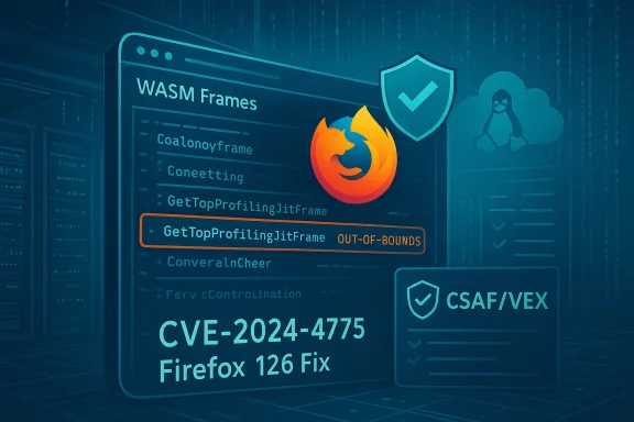 Cybersecurity illustration of Firefox CVE-2024-4775 fix for Firefox 126 with WASM frames.