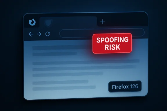 A browser window shows a red “Spoofing Risk” badge over a Firefox 126 UI.
