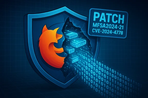 A Firefox logo on a shield patches a glowing server rack, labeled MFSA 2024-21 and CVE-2024-4778.