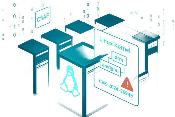 Teal isometric diagram of Linux kernel components (drm, amdgpu) with CVE-2024-26948 alert.