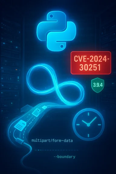 Neon Python logo with CVE-2024-30251 alert, data streams and multipart/form-data boundary.